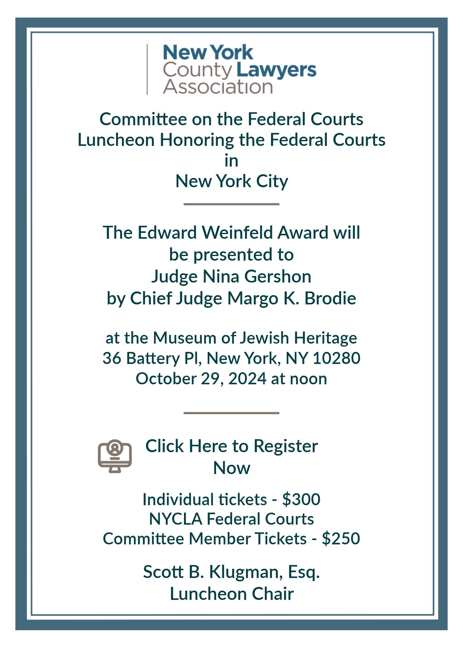 NYCLA Federal Courts Committee Edward Weinfeld Luncheon Invite