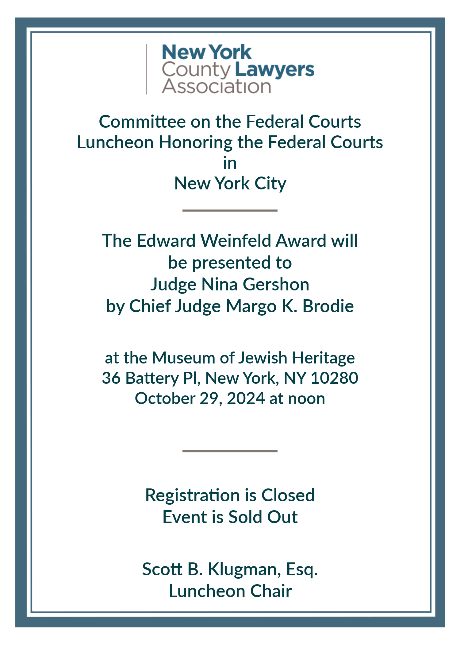 NYCLA Federal Courts Committee Edward Weinfeld Luncheon Invite